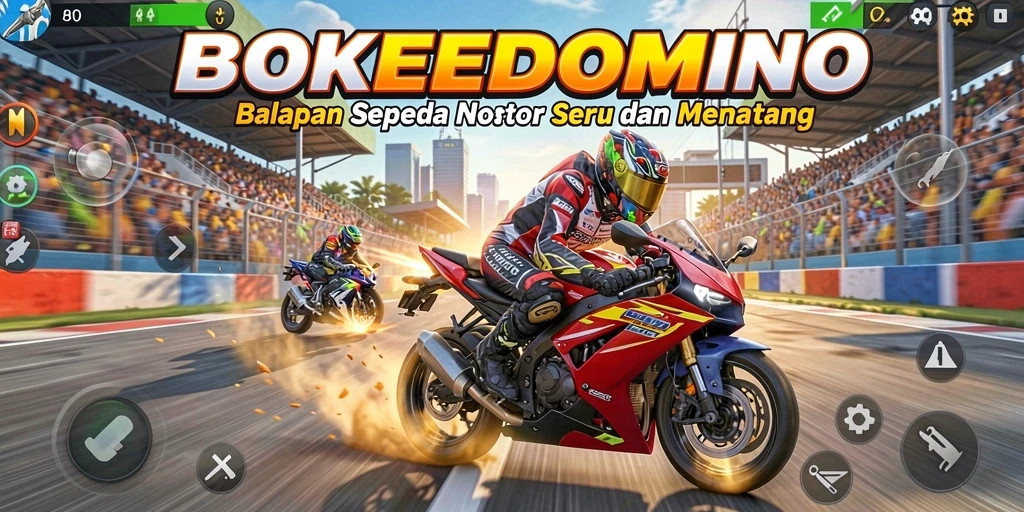 Gameplay seru BOKEDOMINO yang menampilkan balapan sepeda motor.