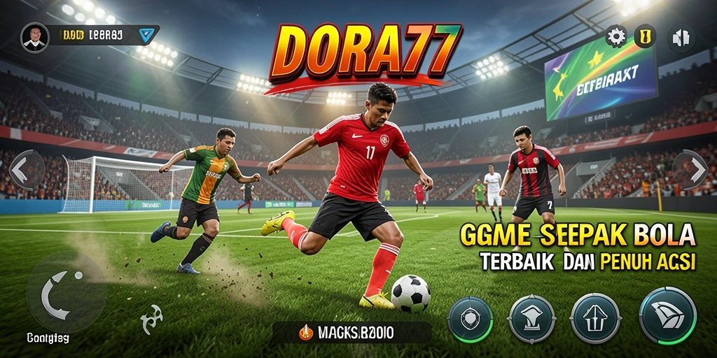 Screenshot DORA77 menampilkan aksi seru di lapangan sepak bola.