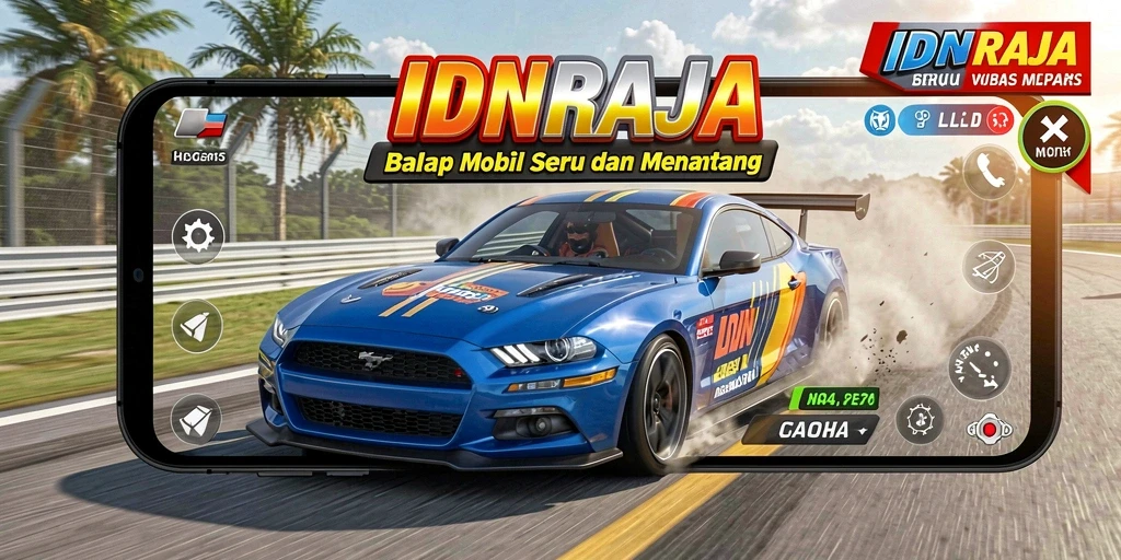 Tampilan gameplay IDNRAJA yang seru saat balapan di trek menantang.